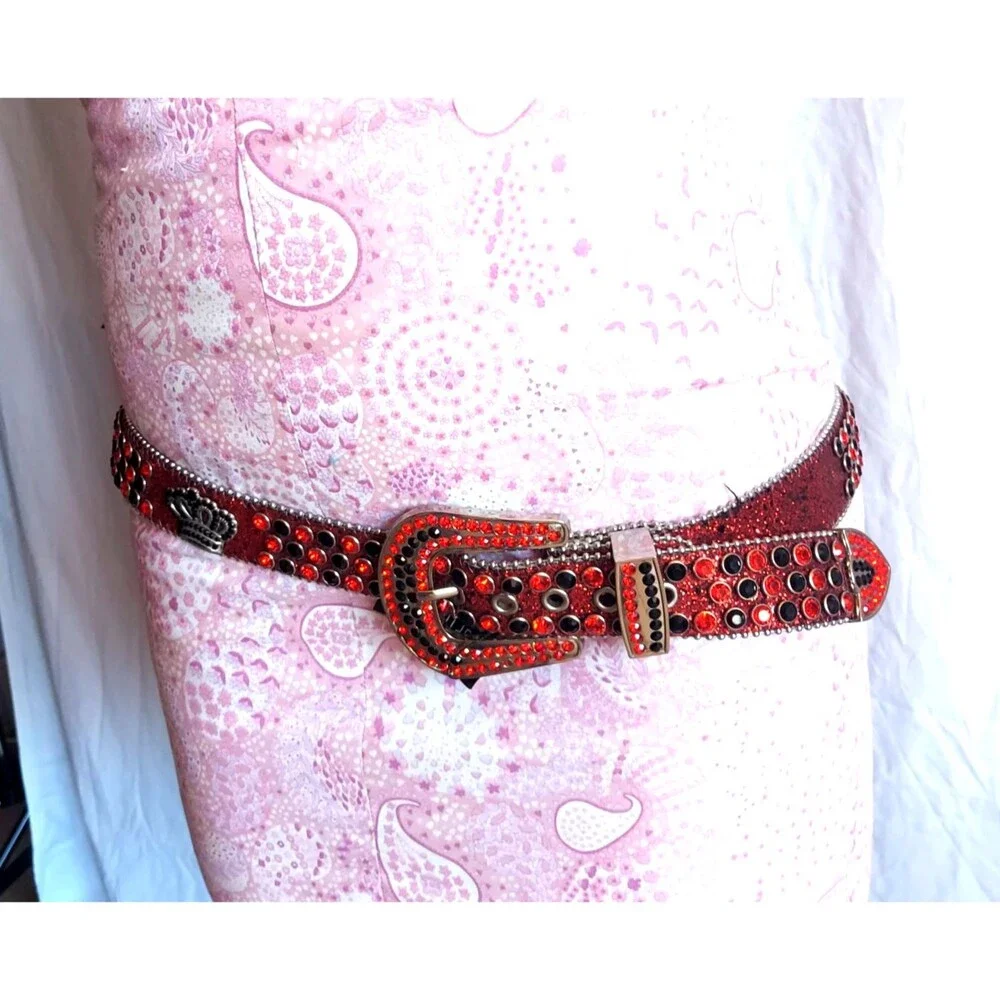 DNA PREMIUM WEAR WESTERN BELT RED BLACK RHINESTONE SILVER & GLITTER ACCENTS 43